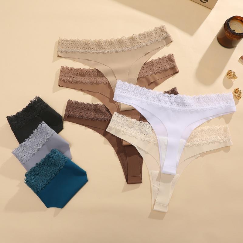 Women's Sexy Traceless T-Back Thongs Panties Seamless Solid Color Lace Trim Cozy Underwear Female Low Waist G-String Lingerie