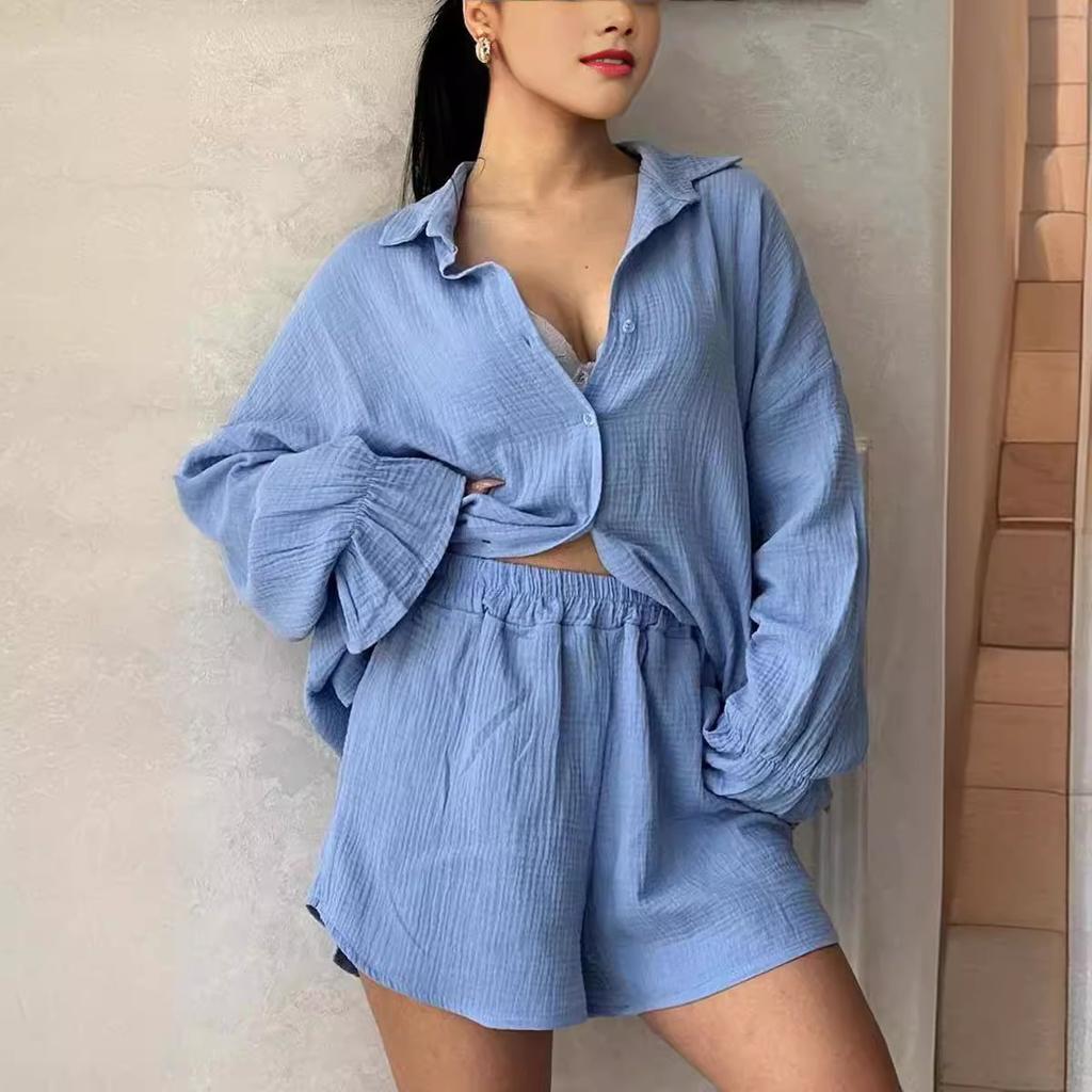 Women's European American Style 2-piece Outfit - Crinkled Fabric Lapel Long Sleeve Blouse + High Waist Fashion Casual Shorts