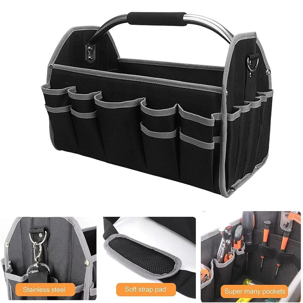 Open Top Tool Tote Large Capacity Tool Organizer Adjustable Shoulder Strap Anti-slip Rubber Pad Foam-padded Handle