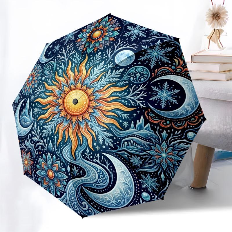 1pc Sun, Moon, Mandala Umbrella with Plastic Handle,Compact & Stylish,Suitable for All Seasons YS331094
