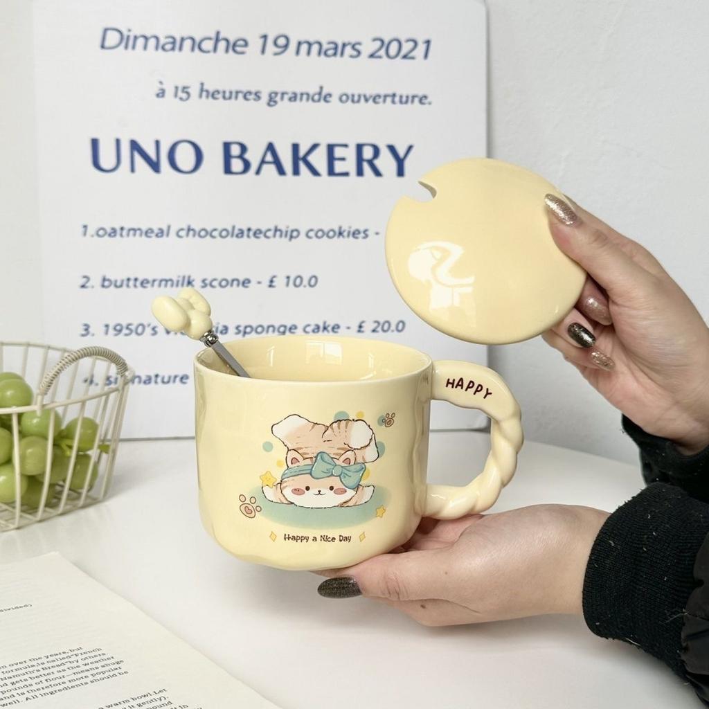 High Value Cat Cup Couple Large Capacity Coffee Cup with Lid Spoon Cute Cartoon Gift Ceramic Mug