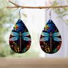 Colorful Dragonflies Flowers PU Leather Earrings Y2K Earrings Double-sided Printed Water Drop Earrings