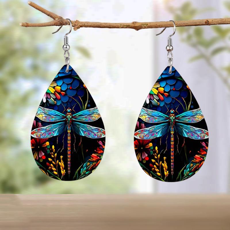 Colorful Dragonflies Flowers PU Leather Earrings Y2K Earrings Double-sided Printed Water Drop Earrings