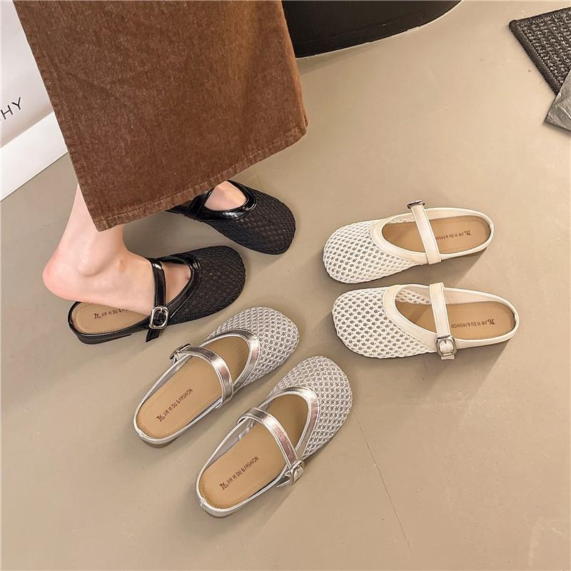 Hollow woven bag head half slippers women's summer wear new flat bottom breathable one pedal hole shoes sandals