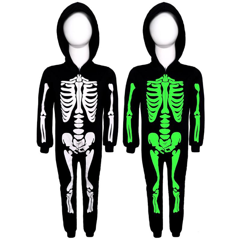 Luminous Halloween Skull Skeleton Child Cosplay Costume Jumpsuits Cloak Party