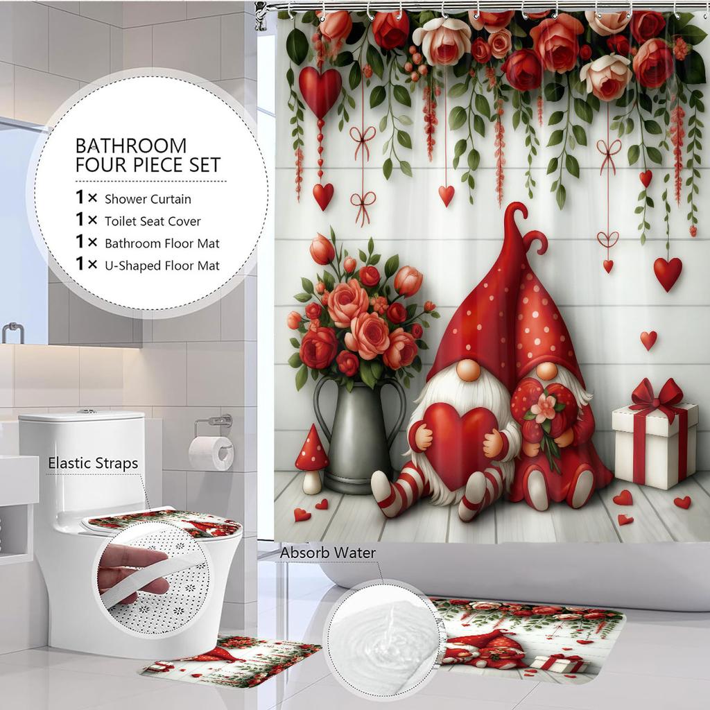4pcs Valentine's Day Pink Romantic Love Gnome Print Bathroom Set 180x180 Waterproof Shower Curtain Floor Mat U-shaped Toilet Mat