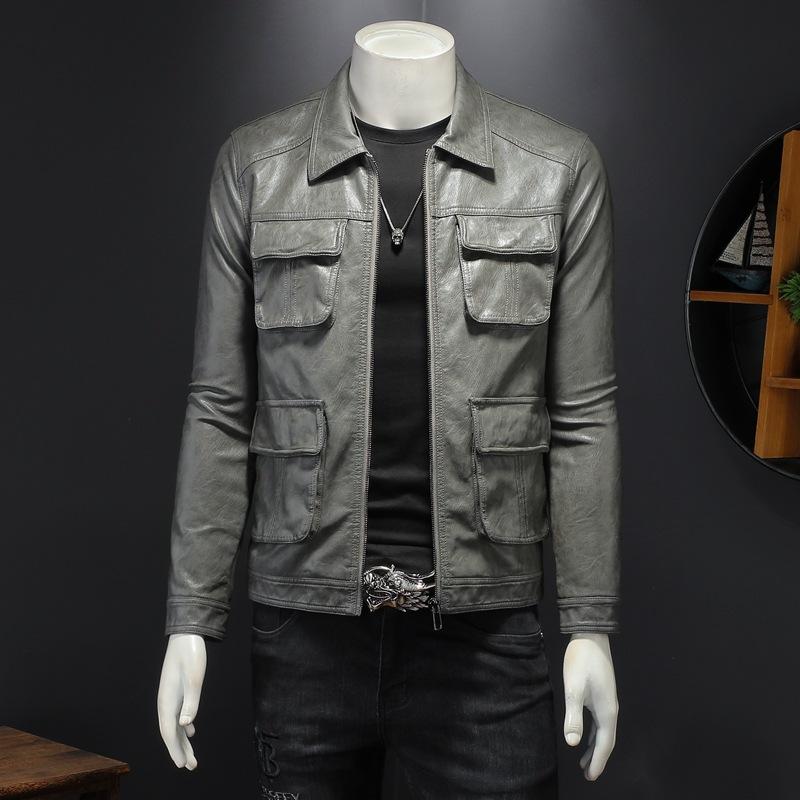 European Station Autumn and Winter New Lapel Leather Jacket Men's Trend Fashion Motorcycle Jacket Handsome Soft Leather Jacket