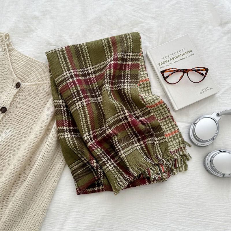 Soft Acrylic Winter Scarf Women Sweet Minimalist Plaid Shawl Warm Cozy Neck Wrap Student Fashion Accessory