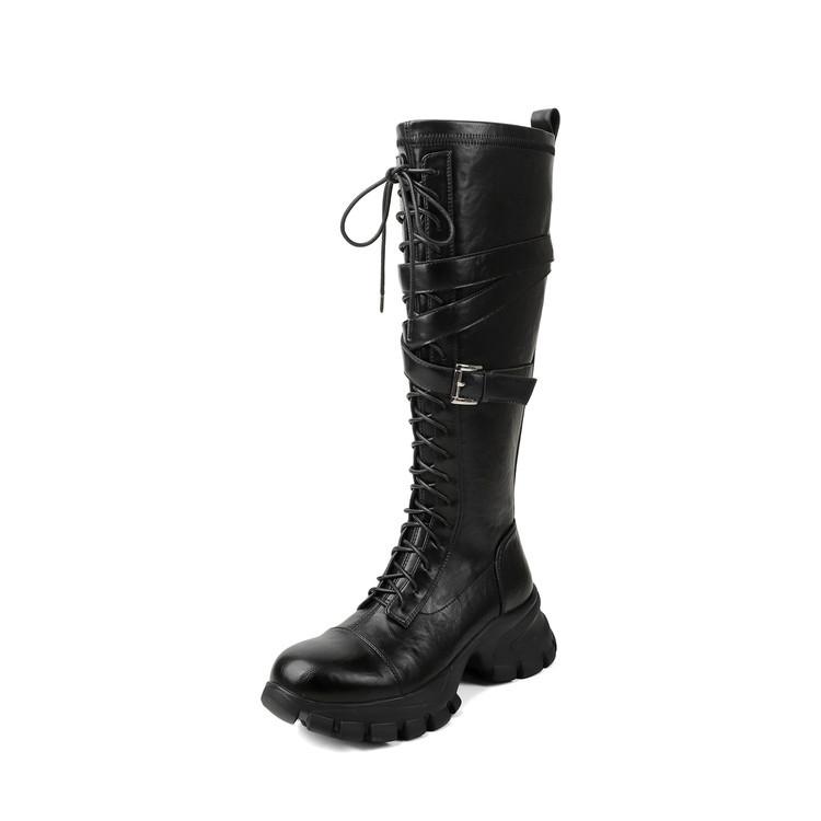 Leather high boots women's thick heel round head Martin boots 2025 autumn and winter muffin thick sole strap knight boots side zipper