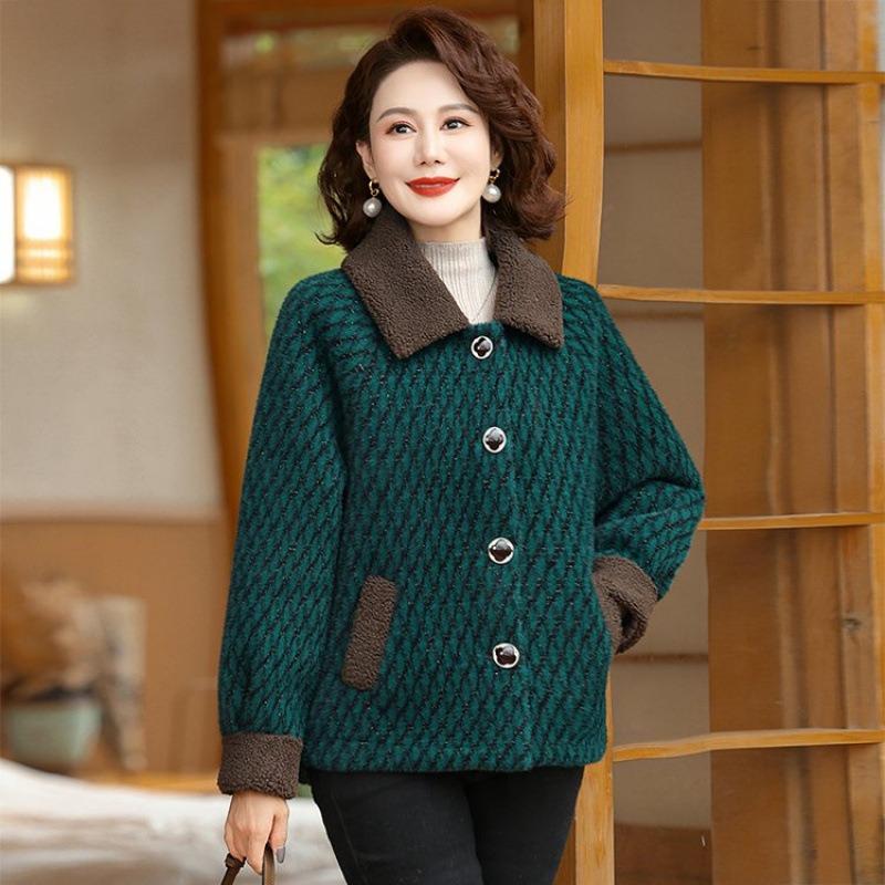 Autumn and Winter Velvet Plaid Imitation Mink Velvet Jacket Medium Women's Winter Cotton Clothes Short Woolen Top