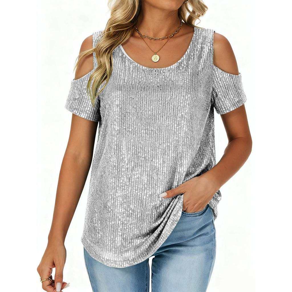 Ladies' Fashionable And Comfortable Loose Sequined Short Sleeved Top
