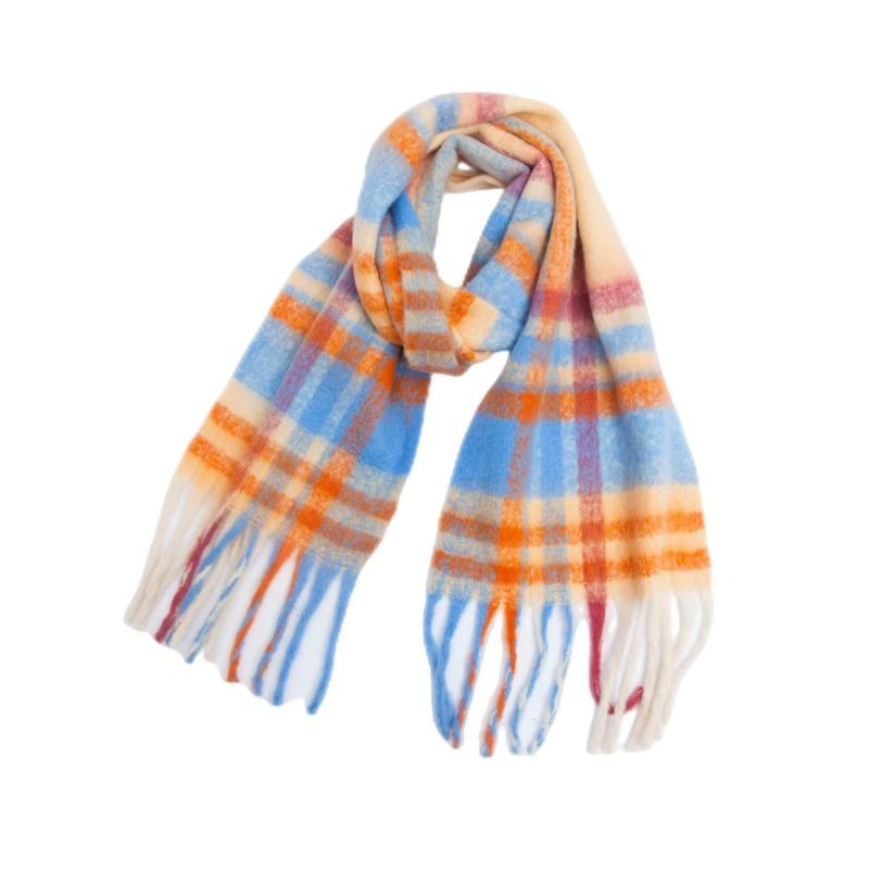 Winter Yarn Thicken Style Luxury Multicolour Plaid Faux Mohair Scarf Women Tassel Long Ring