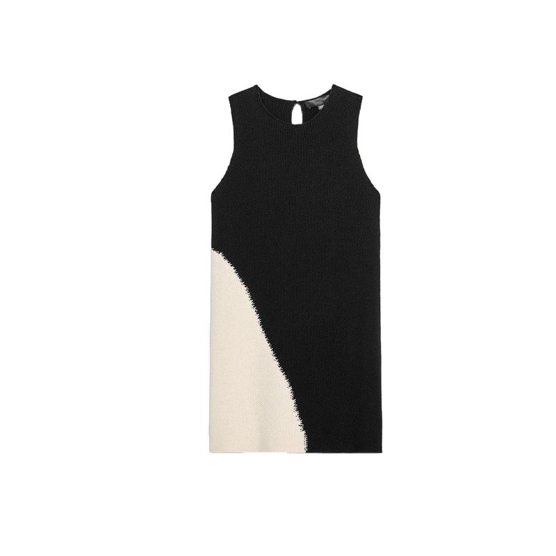 

Summer Women s Back Slit Temperament Crew Neck Sleeveless Short Color Matching Knitting Dress 0234008 Black L