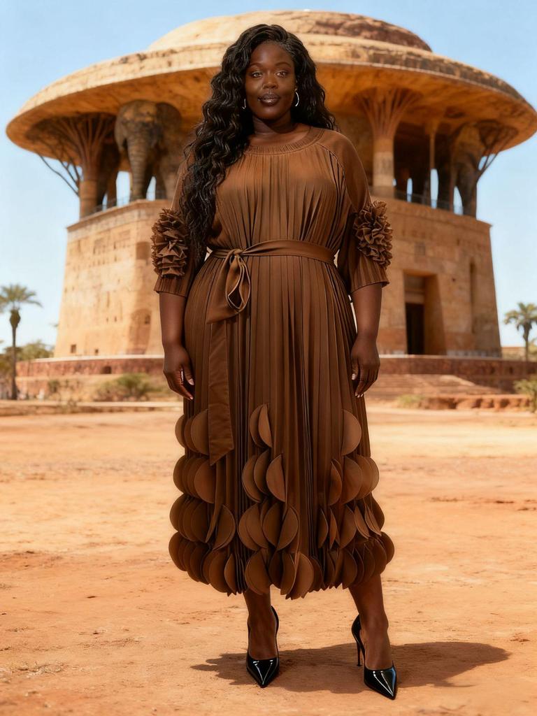 European & African Plus Size Floral Trumpet Sleeve Pleated Maxi Dress