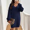 Autumn Women's V-Neck Bowknot Sweater Dress - Loose Knit Pullover