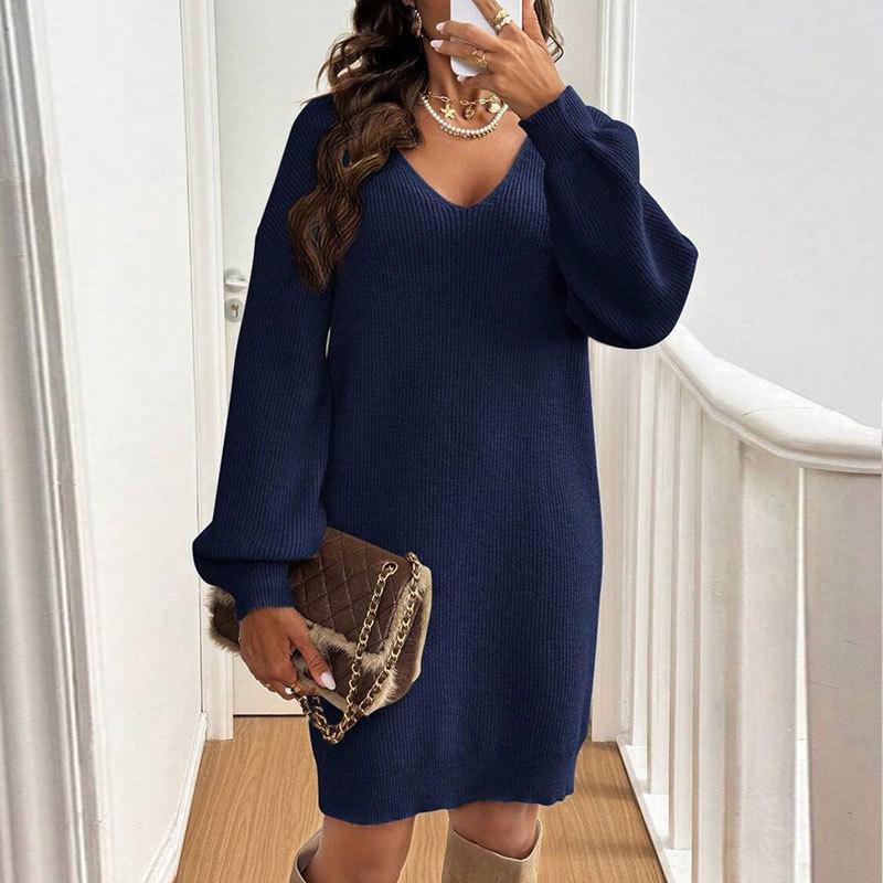 Autumn Women's V-Neck Bowknot Sweater Dress - Loose Knit Pullover