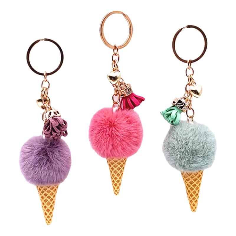 Bunter Eiscreme-Schlüsselanhänger Plüsch Pompons Anhänger für Damen und Herren Kunstpelz Schlüsselhalter Taschenanhänger Stilvolle Schlüsselringe