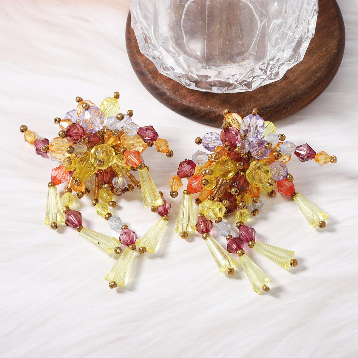22646 Women's Multicolour Bohemian Fashion Trend Exaggerated Multi-Colored Crystal Floral Flower Fringe Resort Style Earrings