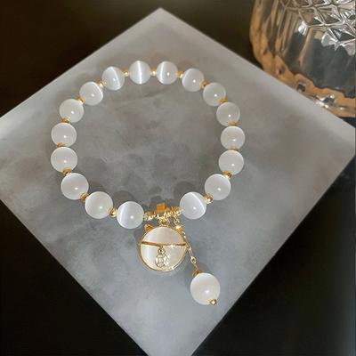 Exquisite Opal Beaded Bracelet For Women Elegant Lucky Cat Pendant Elastic Bracelets  Light Luxury Jewelry Girls Gifts