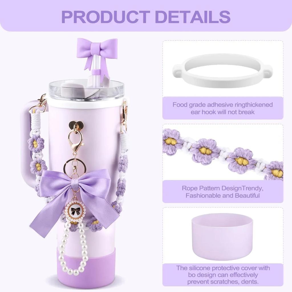 9pcs Accessories Set for Stanley Cup Water Bottle Handle Strap Boot Bow Straw Cover Pearl Charms Straw Topper 40oz 30oz Tumbler