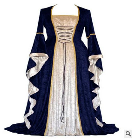 2024 Gold Samt Trompetenärmel Retro Mittelalterlicher Hof bodenlanger Damenrock M navy blau