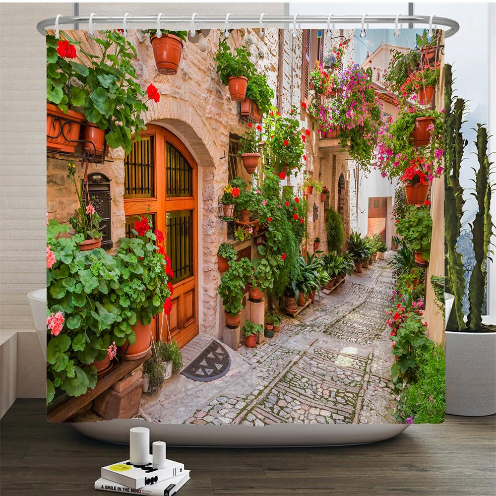 Rural Idyllic Flowers European Garden Shower Curtain Bathroom Waterproof 3d Printed Bath Curtains With 12 Hooks Polyester Cloth
