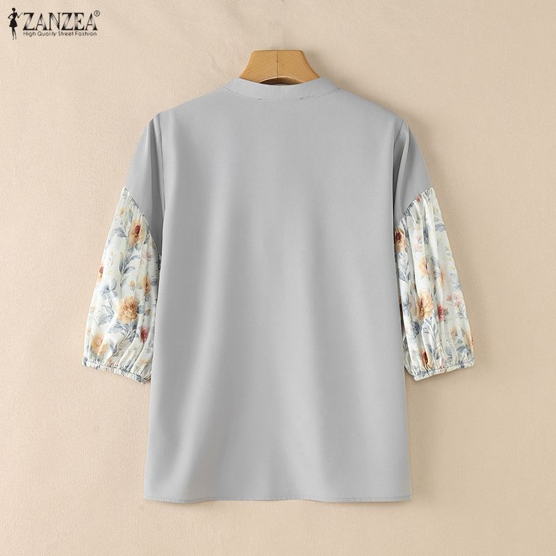 ZANZEA Women Casual V-Neck Floral Print Splice 3/4 Sleeve Blouse