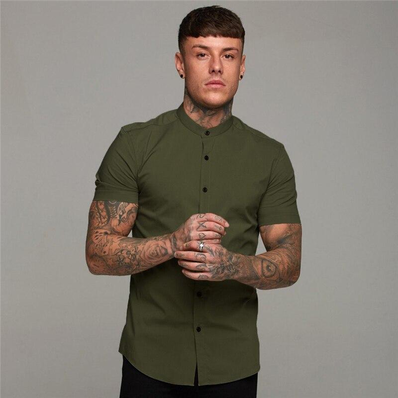 Muscleguys T-shirt Estiva Retro Manica Corta da Uomo Stile Cinese Camicia Bianca con Collo Rialzato Top Casual alla Moda