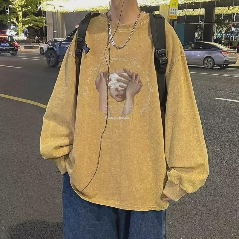 Men's Vintage Heavyweight Washed Long-Sleeve T-Shirt, Loose Fit, Perfect for Spring and Autumn