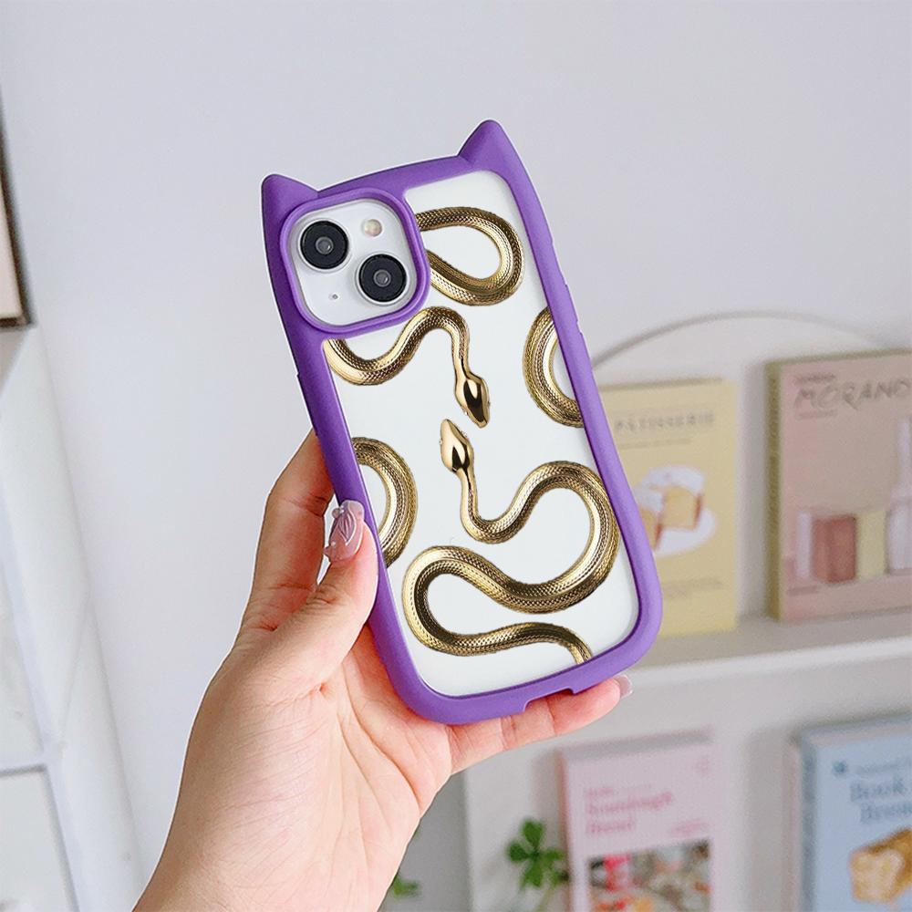 Cat Ear Soft Phone Case for iPhone 16 15 14 13 12 11 Pro Max Plus XR X TPU Anti-Drop Transparent Acrylic Back Cover NY25 Black Gold Snake design