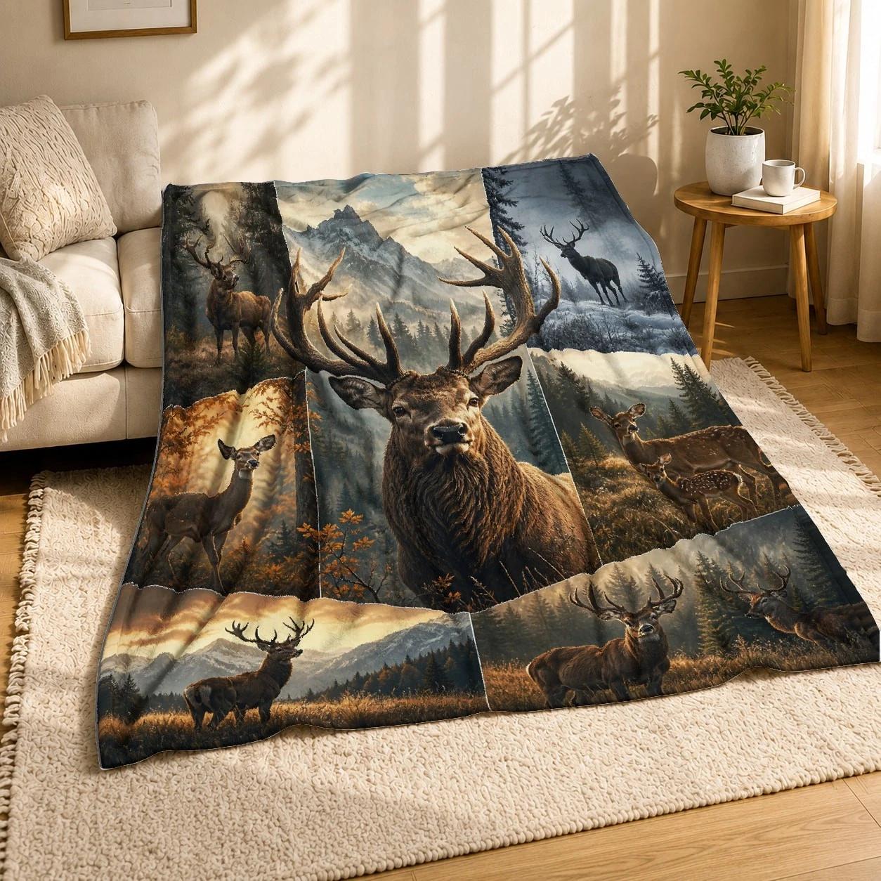 Majestic Stag Deer Collage Coral Fleece