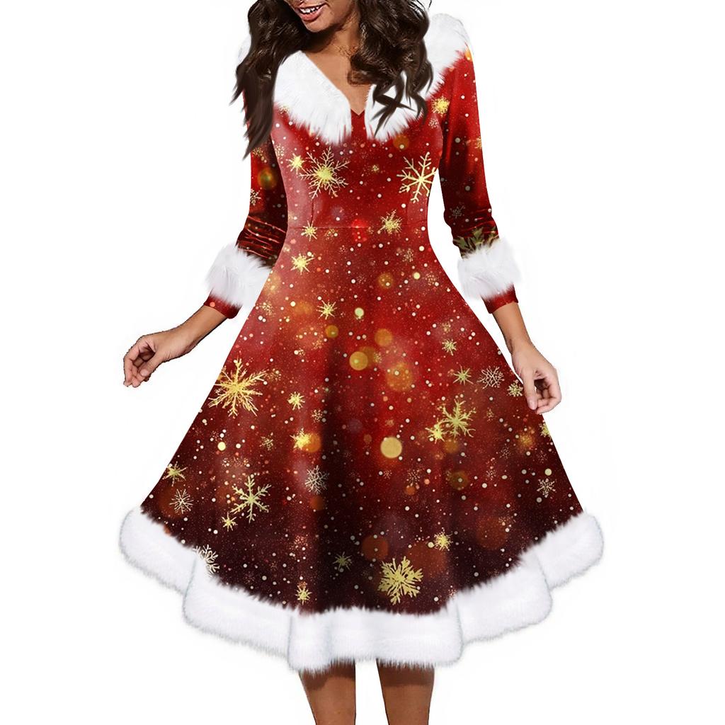 Women's Fashion V-neck Casual Fit Christmas Print Party Long Sleeve Dress