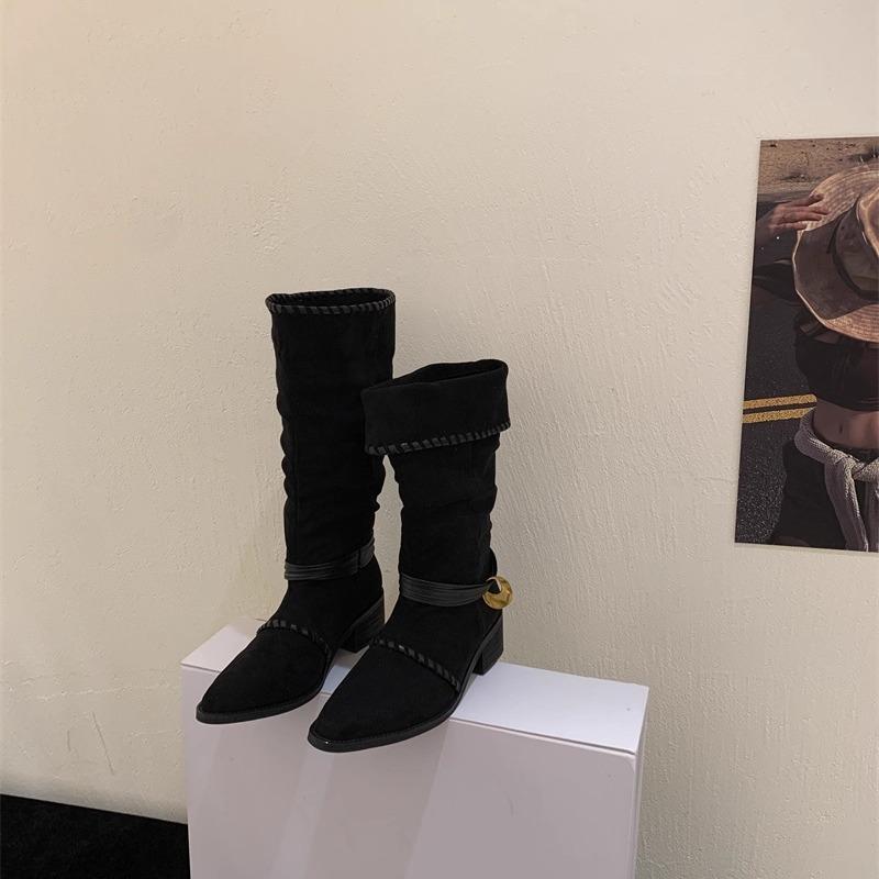 

Western style pointed retro suede flanged metal buckle strap fashion short boots autumn and winter pleated straps thick heel stacked boots 35