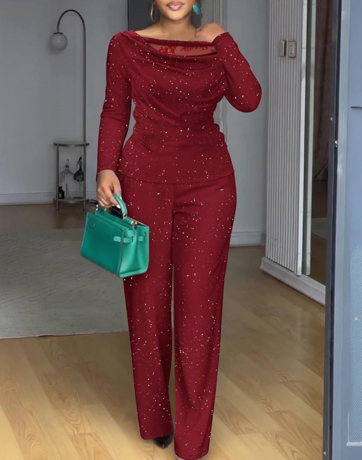 

European American Sequin Lace Patchwork Two-Piece Set: Long Sleeve Top & Wide-Leg Pants 4XL багряний