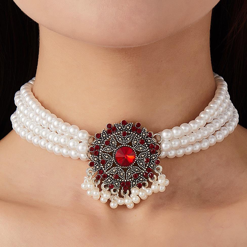 

Crystal Rhinestone Pearl Necklace Vintage Court Style Multi - Layer Layered Choker for Women