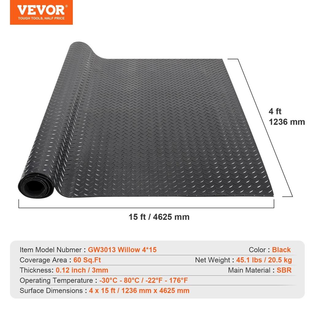 Diamond-Plate Rubber Flooring Roll, 3 Mm X 4 Ft X 15 Ft Garage Floor Mat, SBR Rubber Garage Flooring Roll, Easy To Clean, Diamond Plate Rubber Mat for