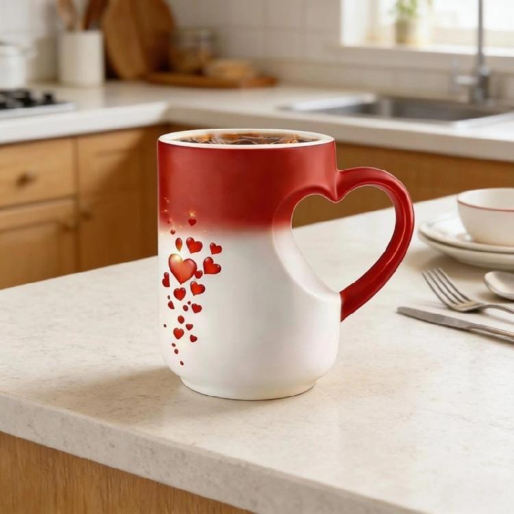 Stylish Ceramic Drinking Cup With Lovely Heart Handle And Fade Resistant Print Color Changing Coffee Mug