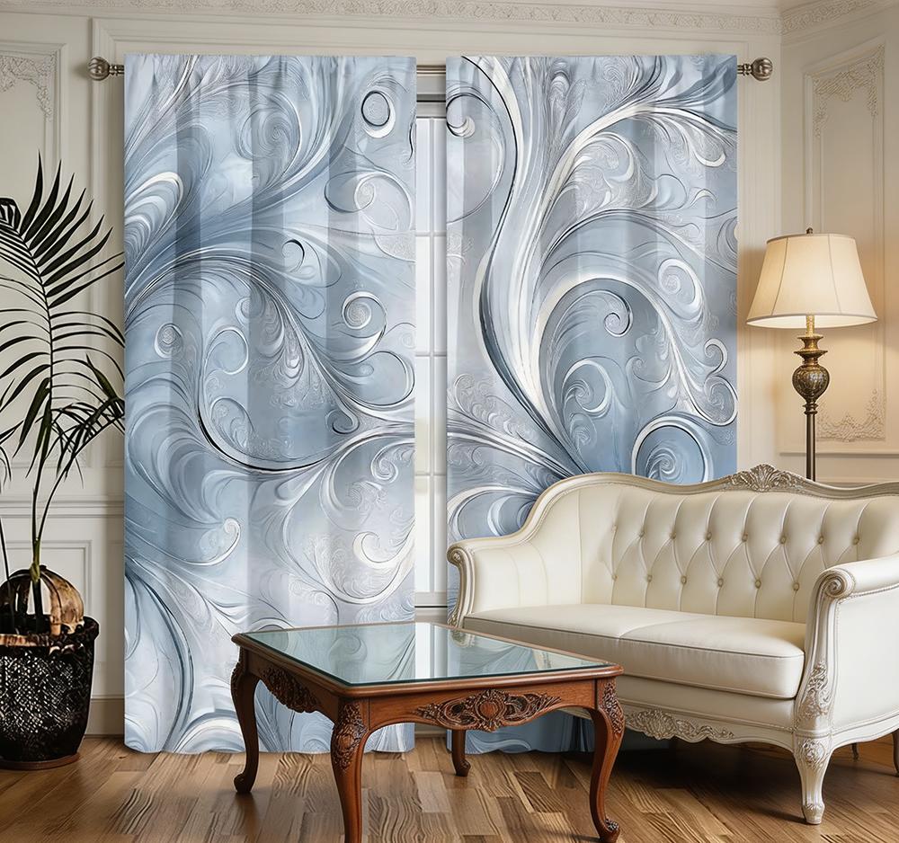 2PCS Digital Printed Curtains, Ocean Blue Wave Swirl Nautical Coastal, Rod Pocket Window Drapes for Living Room Bedroom Decor