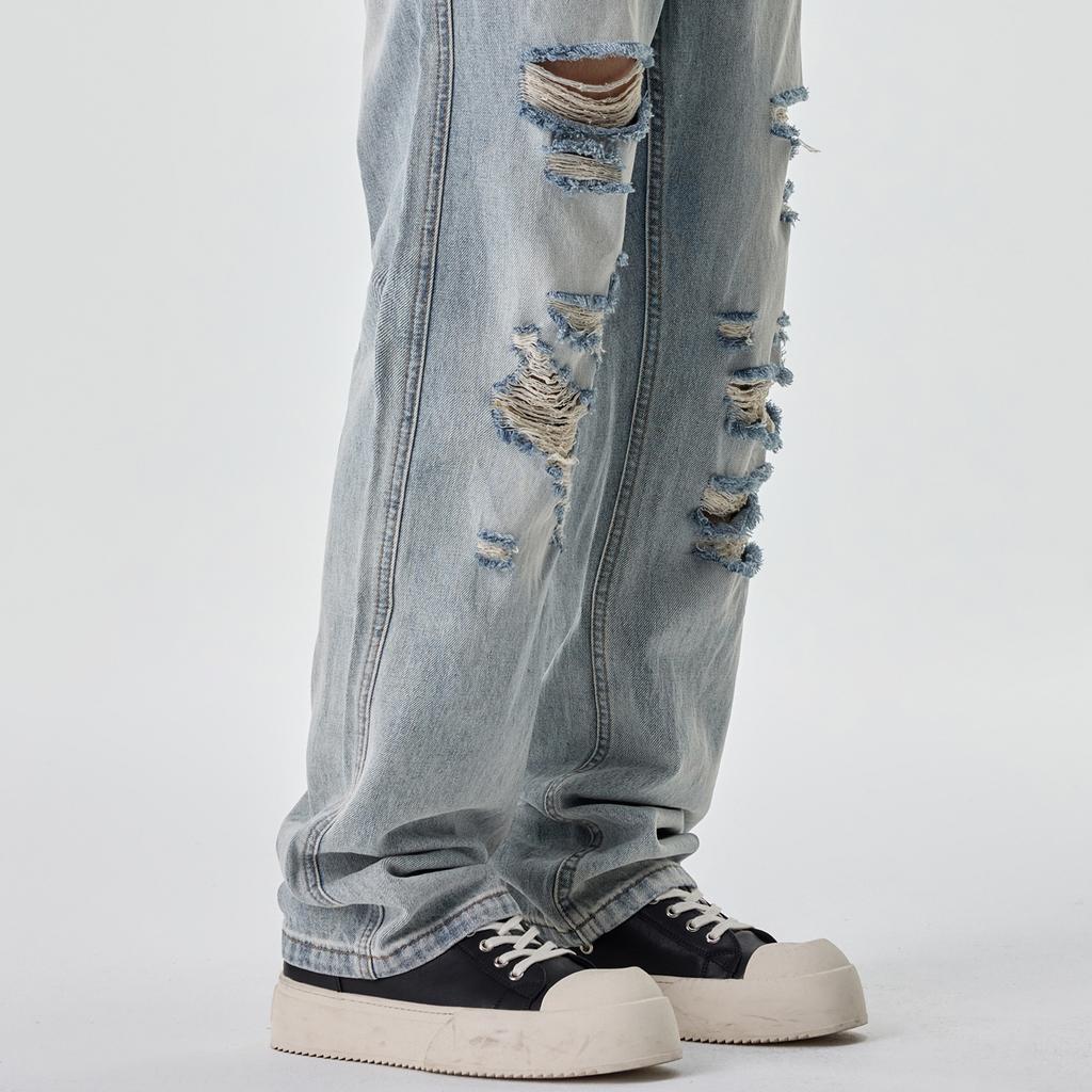 Summer Retro Old Ripped Jeans Men and Women Ins Trendy American Street Hiphop Straight Pants High Street Trousers