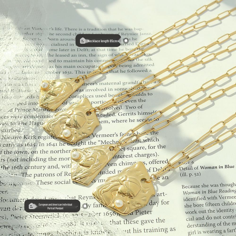 French Baroque Pearl Necklace: Irregular Portrait Design In Titanium Steel Sweater Chain