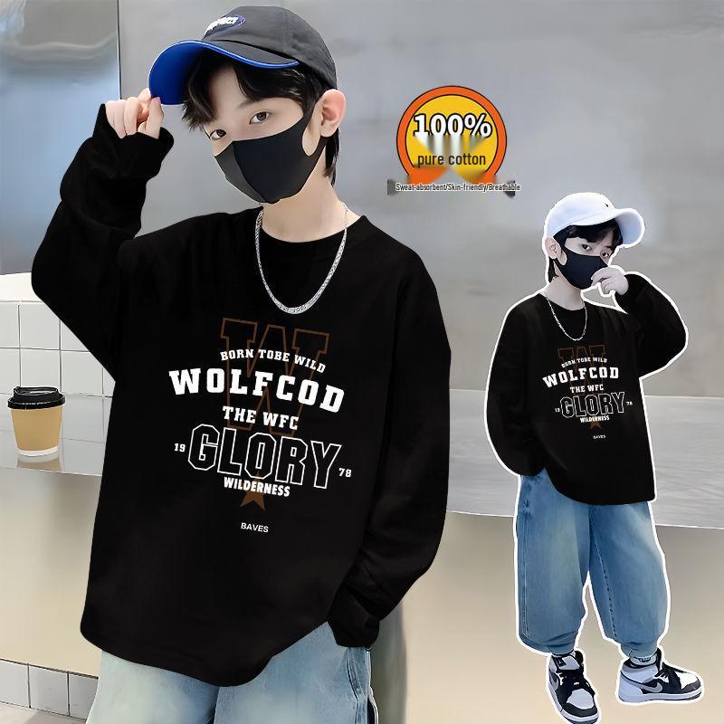 Trendiges Herbst-Baumwoll-Langarmshirt für Jungen - Lässiger lockerer Schnitt mit stylischem Buchstabenaufdruck