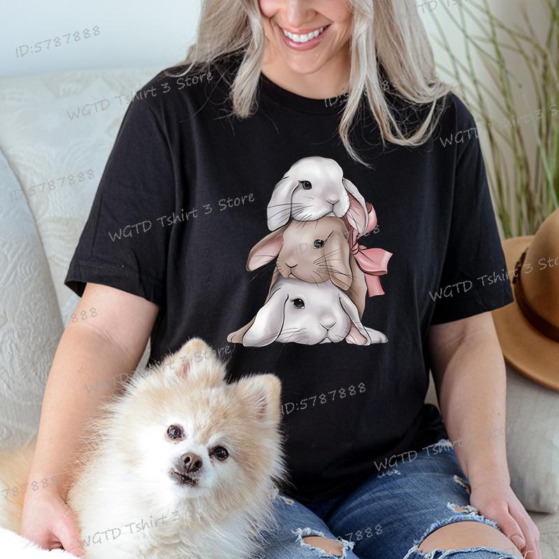 Easter Rabbit Shirts and Blouses Women Gift for Christian Crew Neck Short Sleeve Tshirt Cute Animal Bunny Easter Cartoon Tshirt