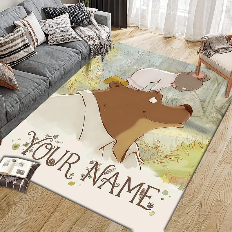 Custom Name,Ernest & Celestine Home Sofa Decoration for Living Room & Bedroom, Non‑Slip Play Flannel Floor Mat for Game Room