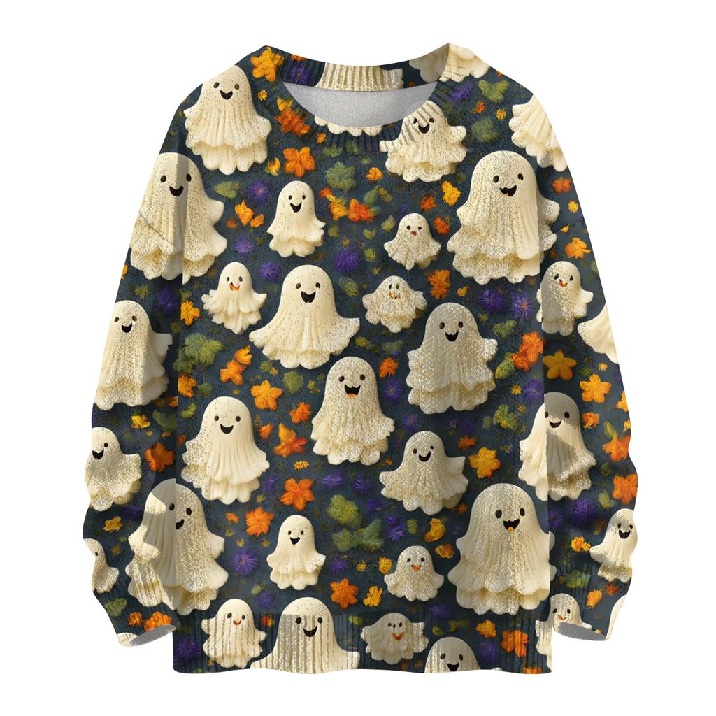 Ladies' Fashionable Casual Long Sleeved Halloween Printed Round Neck Knitted Yarn