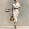 European and American Women's Clothing New Elegant Temperament Solid Color Waist Pleated Shirt Long Professional Dress
