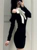 Black Off Shoulder Elegant Slim One Piece Dress Women Autumn Winter New Gyaru Sexy Party Dresses Korean Fashion Bow Y2k Short Dress
