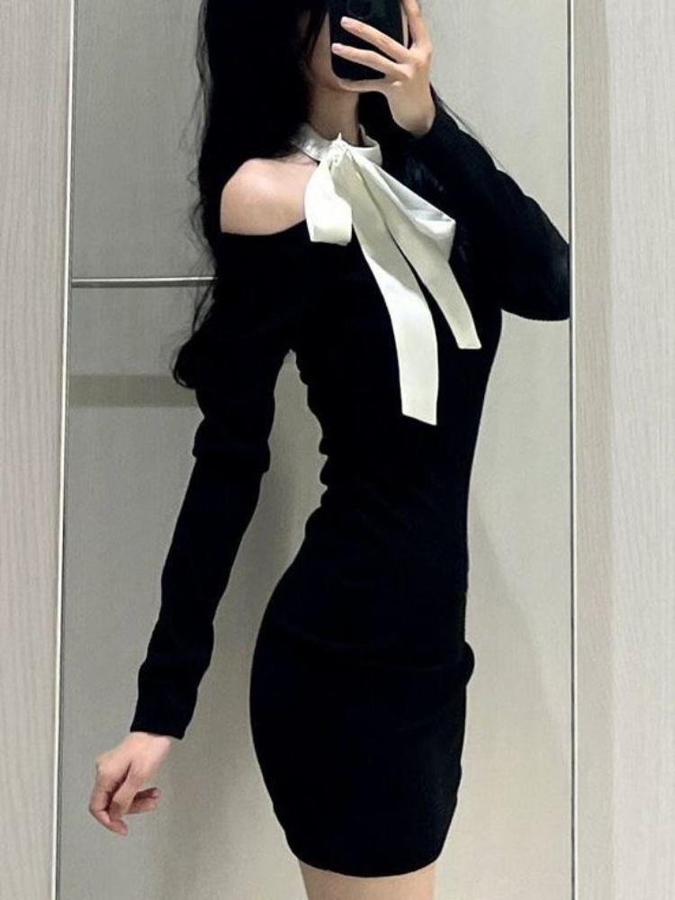 Black Off Shoulder Elegant Slim One Piece Dress Women Autumn Winter New Gyaru Sexy Party Dresses Korean Fashion Bow Y2k Short Dress