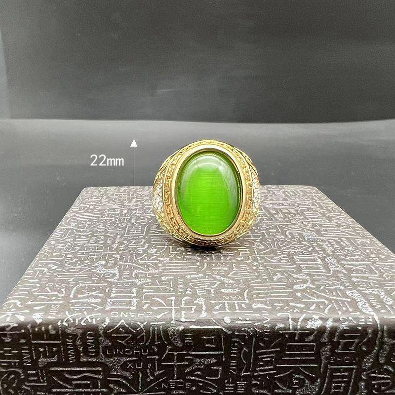European-American Hip Hop Gold-Plated Rhinestone Cat's Eye Stone Titanium Steel Men’s Ring