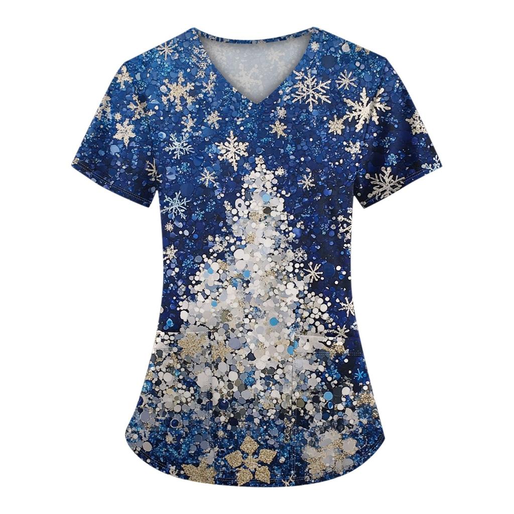 Women's Short Sleeve Christmas Printed V-Neck Pocket Uniform Top