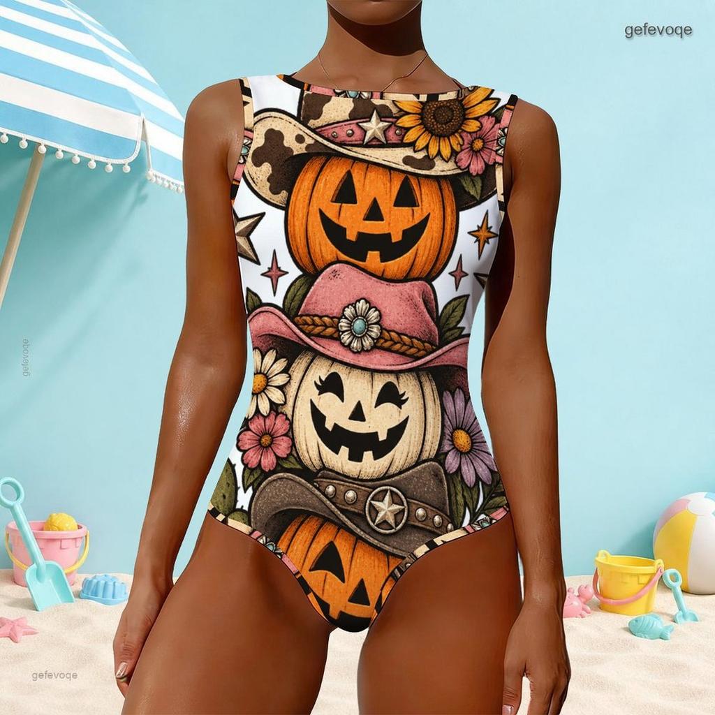 Women Plus Size One Piece Swimsuit High Round Neck Sleeveless Sloth Moon Printed